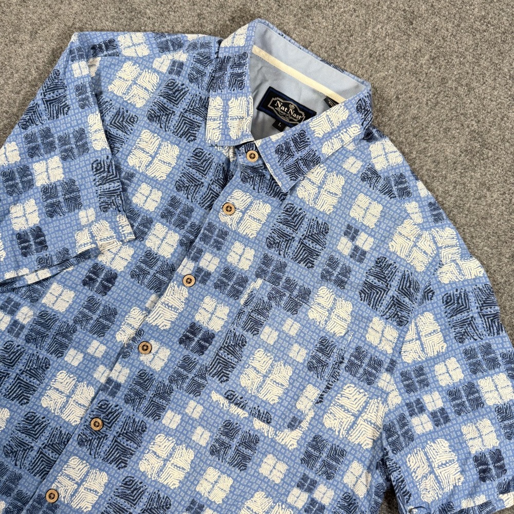 Nat Nast Shirt Mens Large Blue Silk Blend Luxury Originals Hawaiian Beach Button